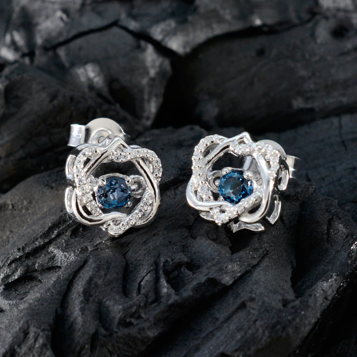 Blue Sapphire CZ Russian Lourdes multiple Stud Blue 925 Sterling Silver Earring - Image 4