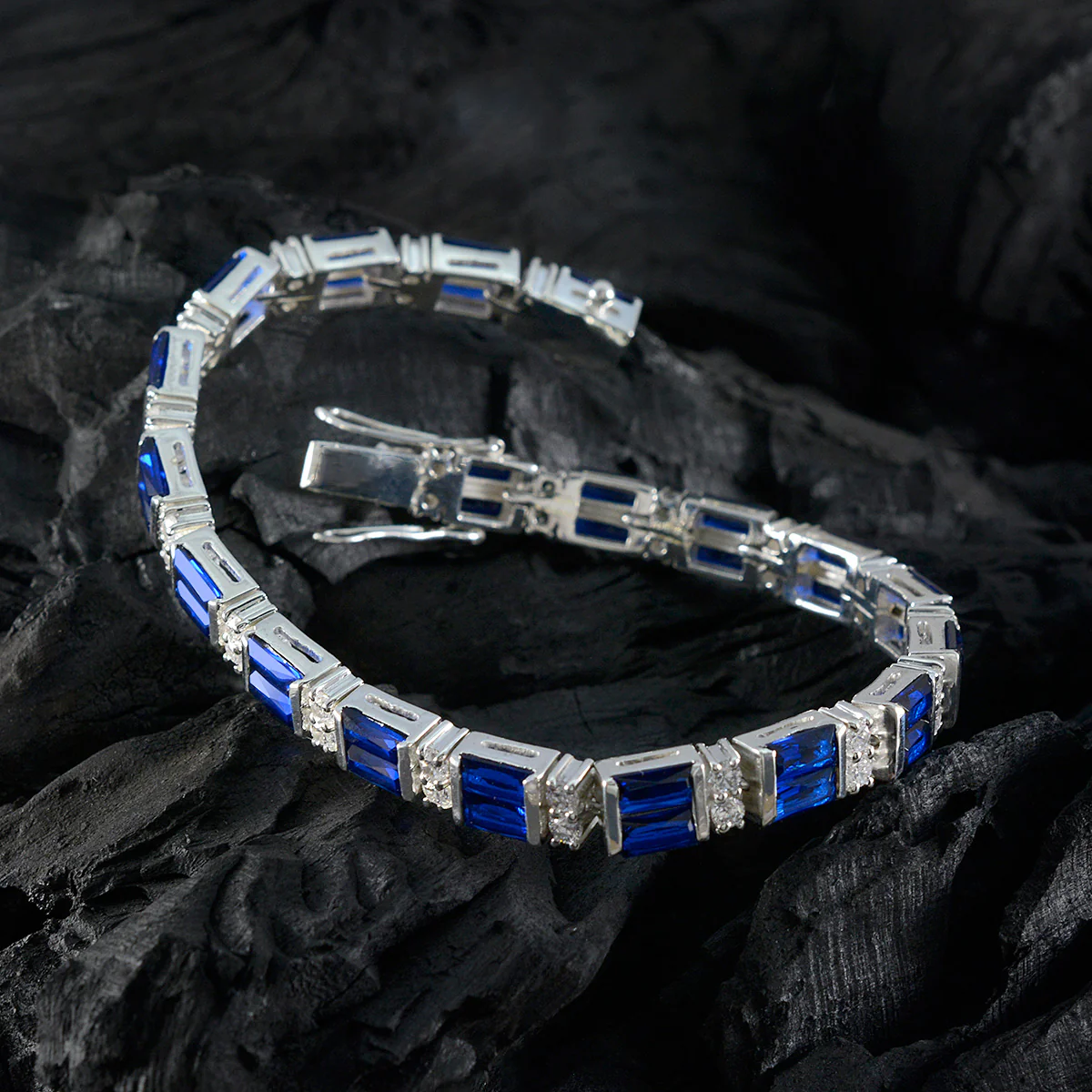 Blue Supphire CZ Couture Eye-catching Blue Sterling Silver Tennis Bracelet - Image 4