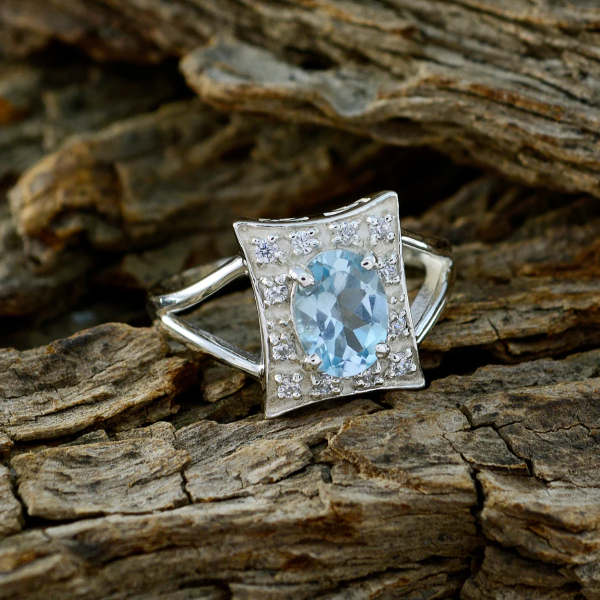 Blue Topaz Halo American Silver Blue Gems Whisper-thin Glamorous Ring Jewellery - Image 4