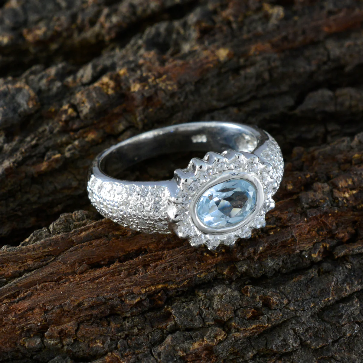 Blue Topaz Halo Indian 925 Silver Blue Gemstone Minimal Artisan Ring Jewellery - Image 4