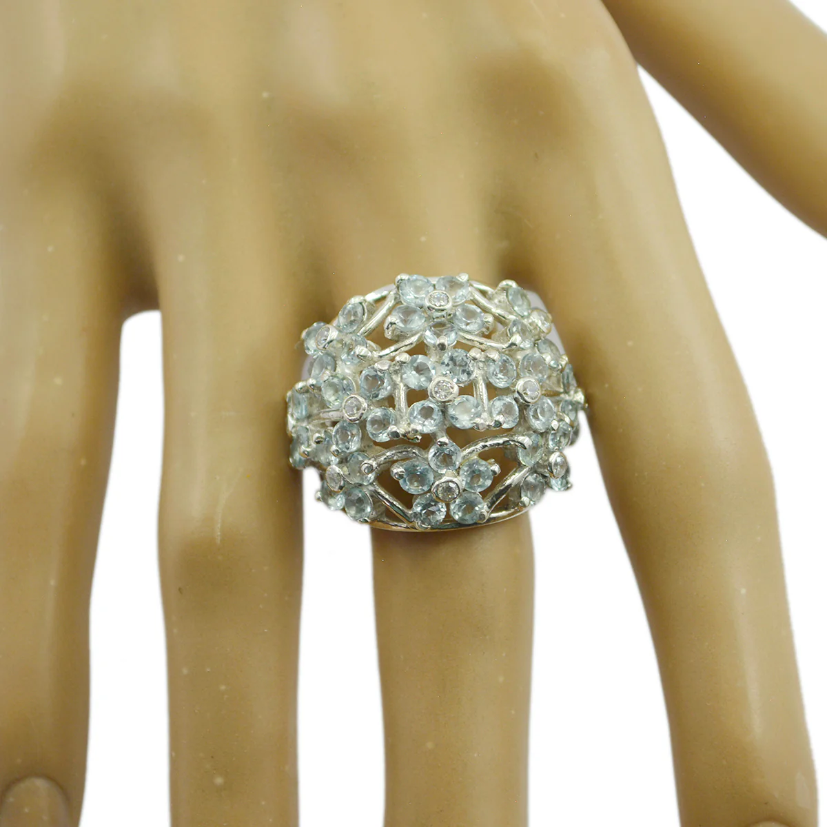 Blue Topaz multiple African 92.5 Silver Blue Gems Statement Floral Ring Jewellery - Image 2