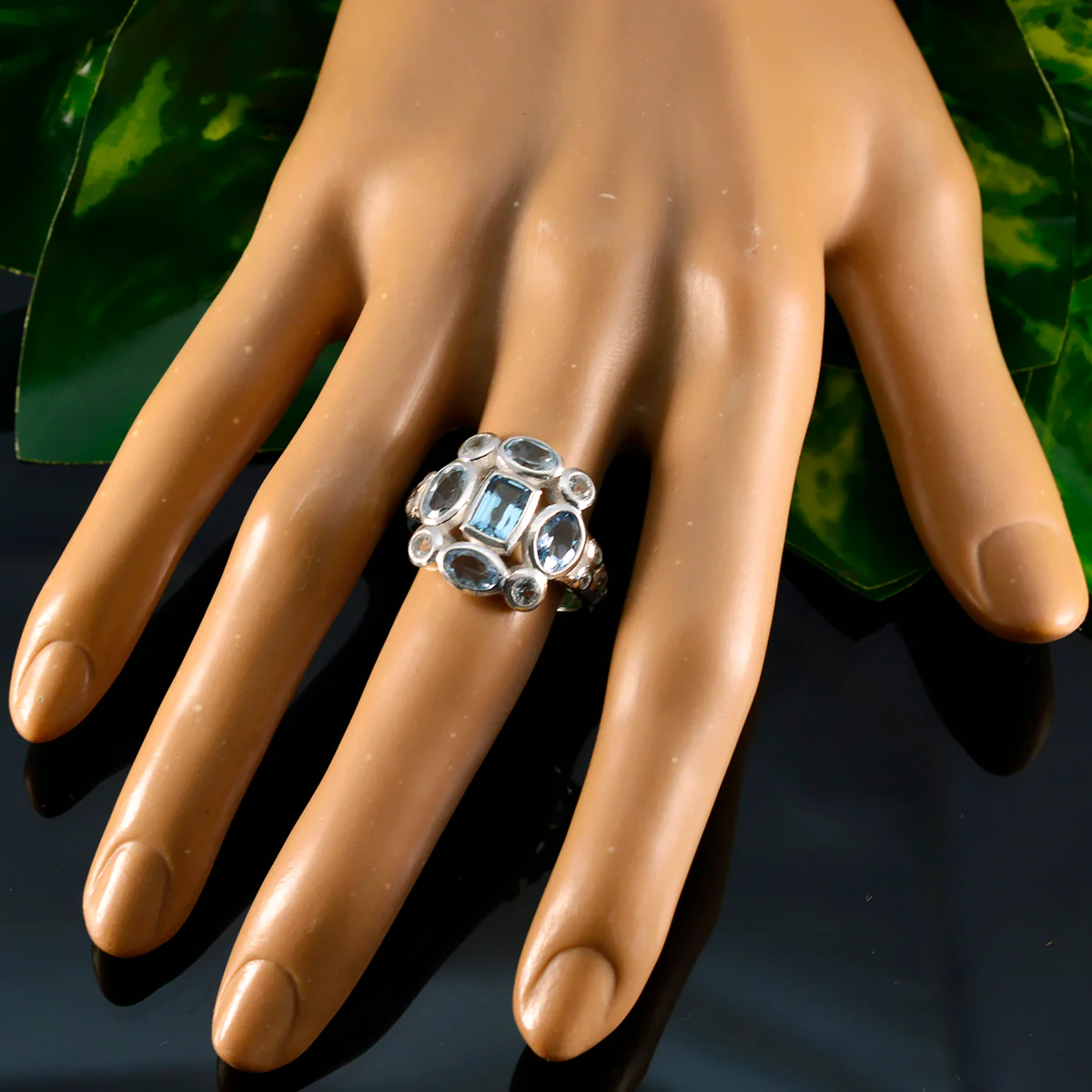 Blue Topaz Navratna Moroccan 92.5 Silver Blue Gemstones Classic Signet Ring Jewelry - Image 5
