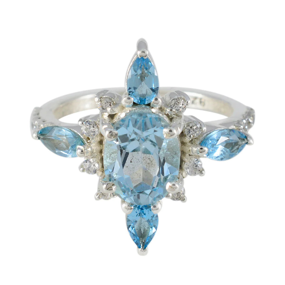 Blue Topaz Penta French 92.5 Silver Blue Gems Tiny Abstract Ring Jewellery