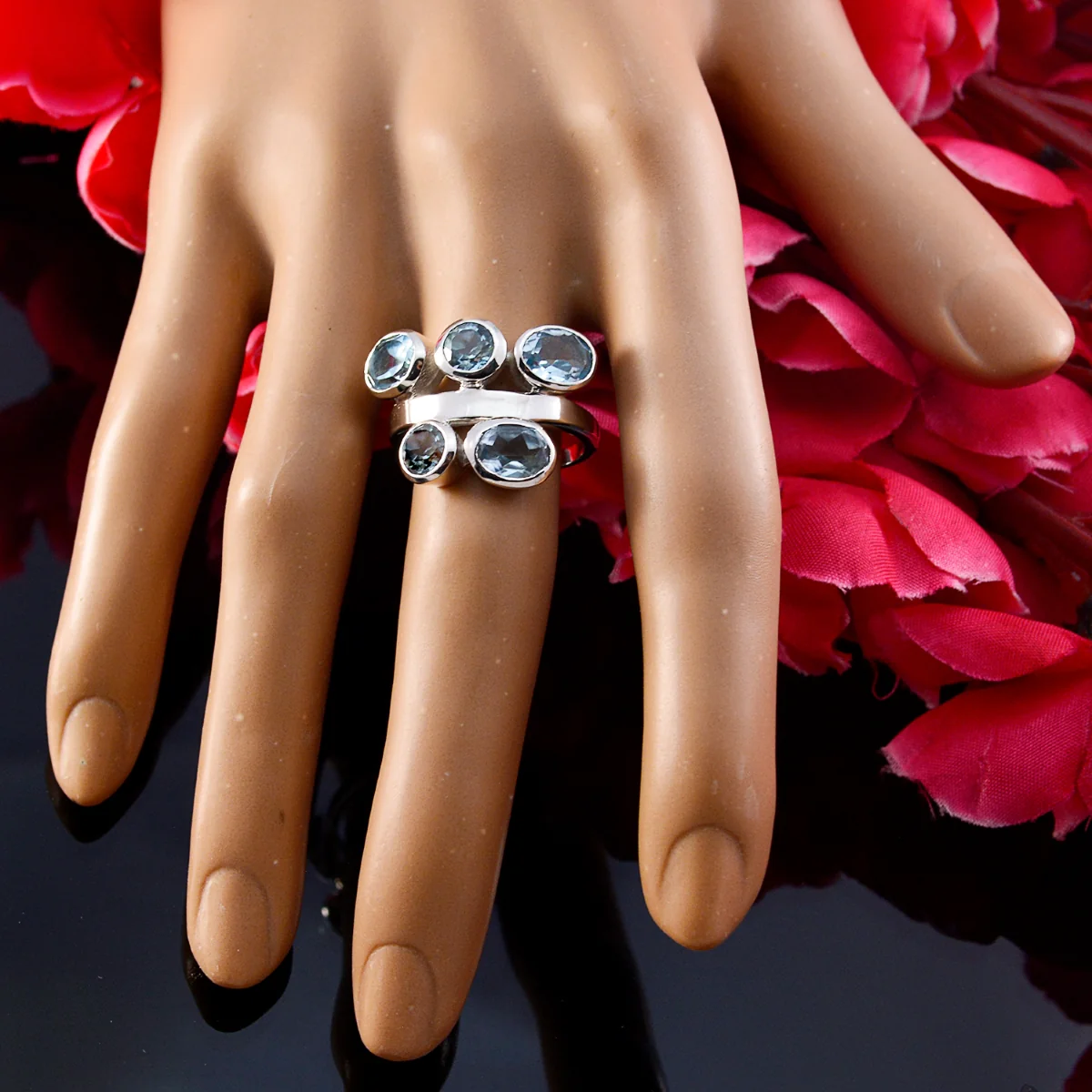 Blue Topaz Penta Russian 925 Silver Blue Gemstones Versatile Trendy Ring Jewellery - Image 5