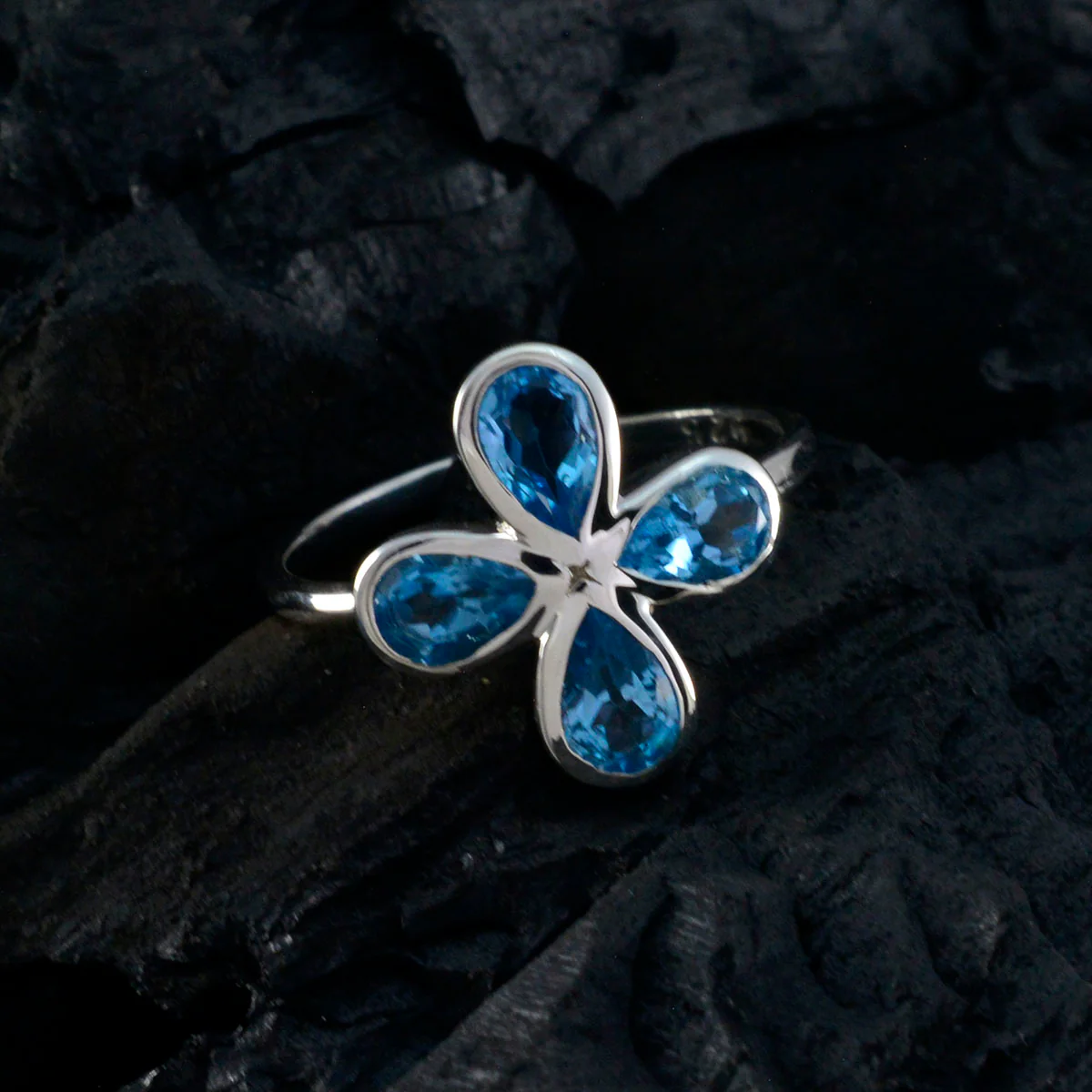 Blue Topaz quarter Korean Silver Blue Gemstone Dainty Floral Ring Jewellery - Image 4