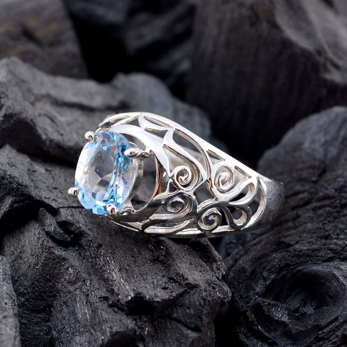 Blue Topaz Solitaire Australian 925 Sterling Silver Blue Gemstones Featherlight Filigree Ring Jewelry - Image 3