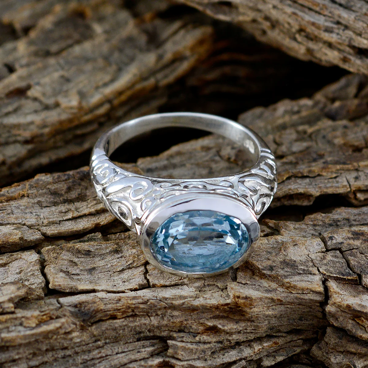 Blue Topaz Solitaire Egyptian 925 Silver Blue Gemstone Minimal Art Deco Ring Jewellery - Image 4