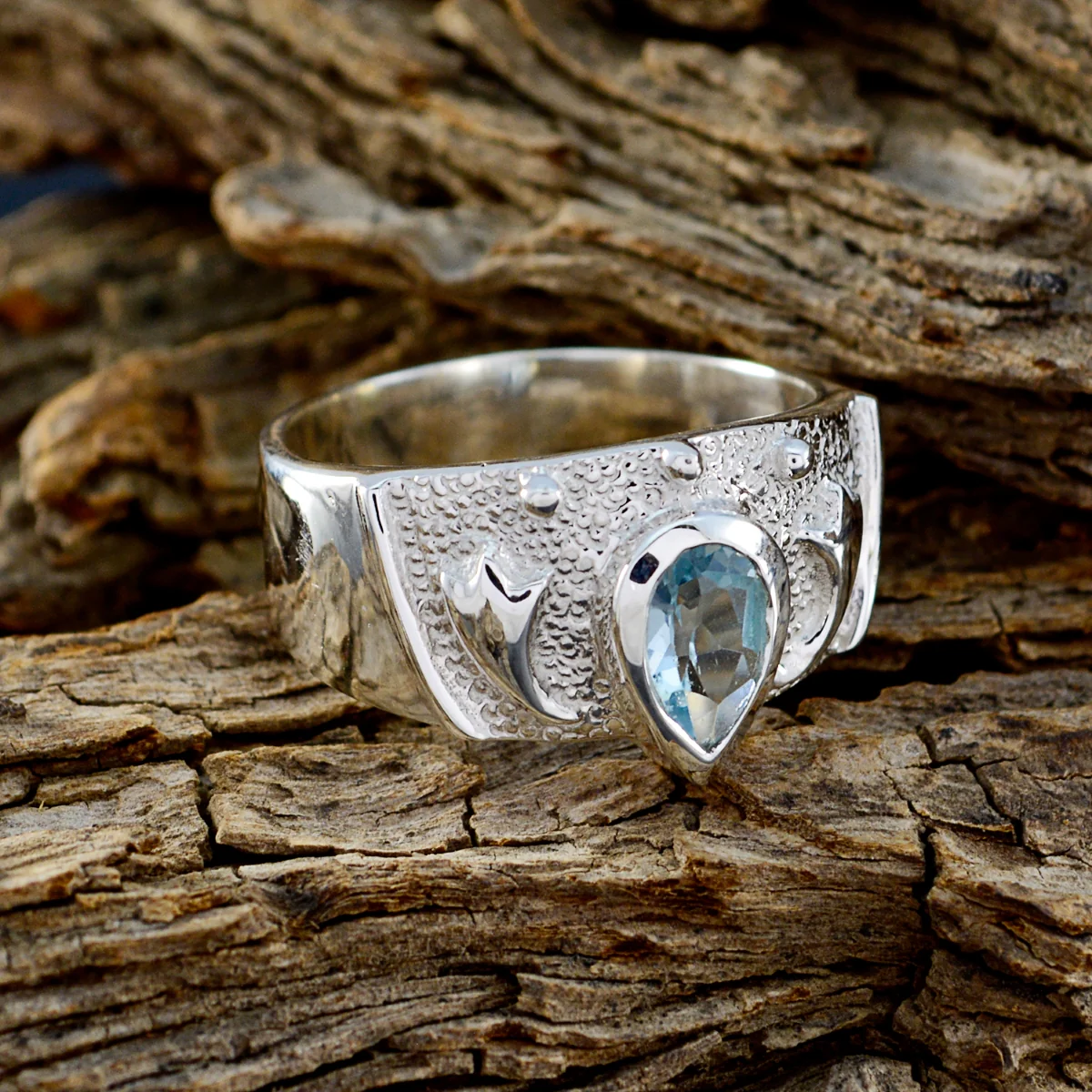 Blue Topaz Solitaire French 925 Silver Blue Gems Edgy Love Ring Jewelry - Image 4
