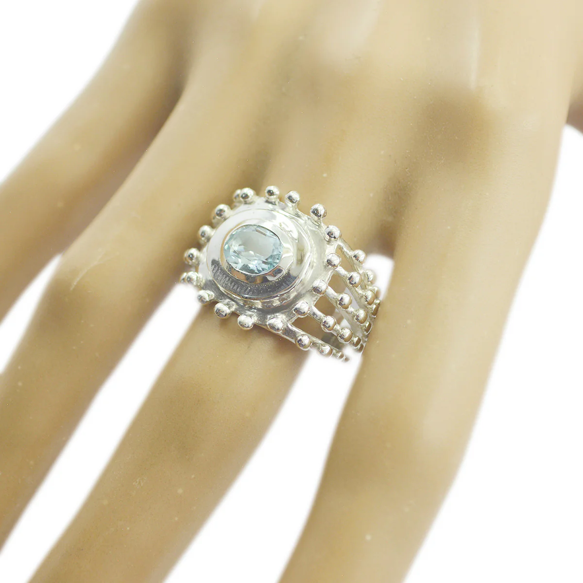 Blue Topaz Solitaire French Silver Blue Gems Essential  Retro Ring Jewelry - Image 2