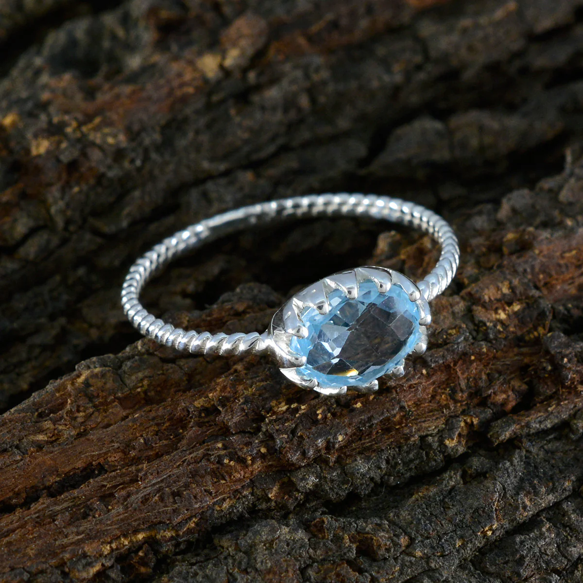 Blue Topaz Solitaire Korean 92.5 Silver Blue Gems Elegant  Twist Ring Jewellery - Image 3