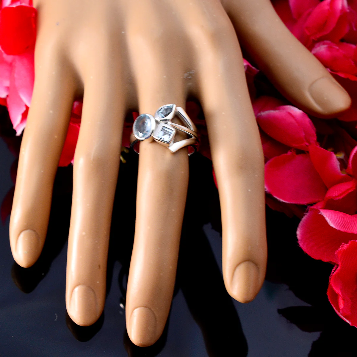 Blue Topaz Trilogy Egyptian 92.5 Silver Blue Gems Mid-weight Feminine Ring Jewelry - Image 3