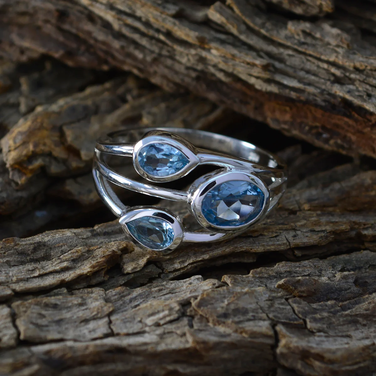 Blue Topaz Trilogy French 925 Sterling Silver Blue Gemstones Slim Boho Ring Jewelry - Image 2
