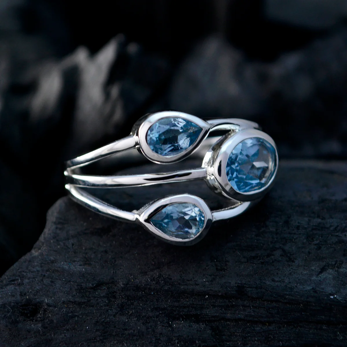 Blue Topaz Trilogy French 925 Sterling Silver Blue Gemstones Slim Boho Ring Jewelry - Image 3