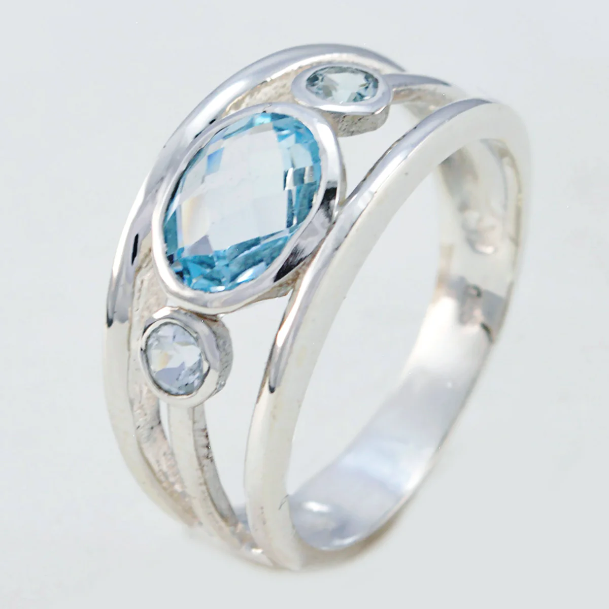 Blue Topaz Trilogy French Sterling Silver Blue Gems Tiny Contemporary Ring Jewellery - Image 2