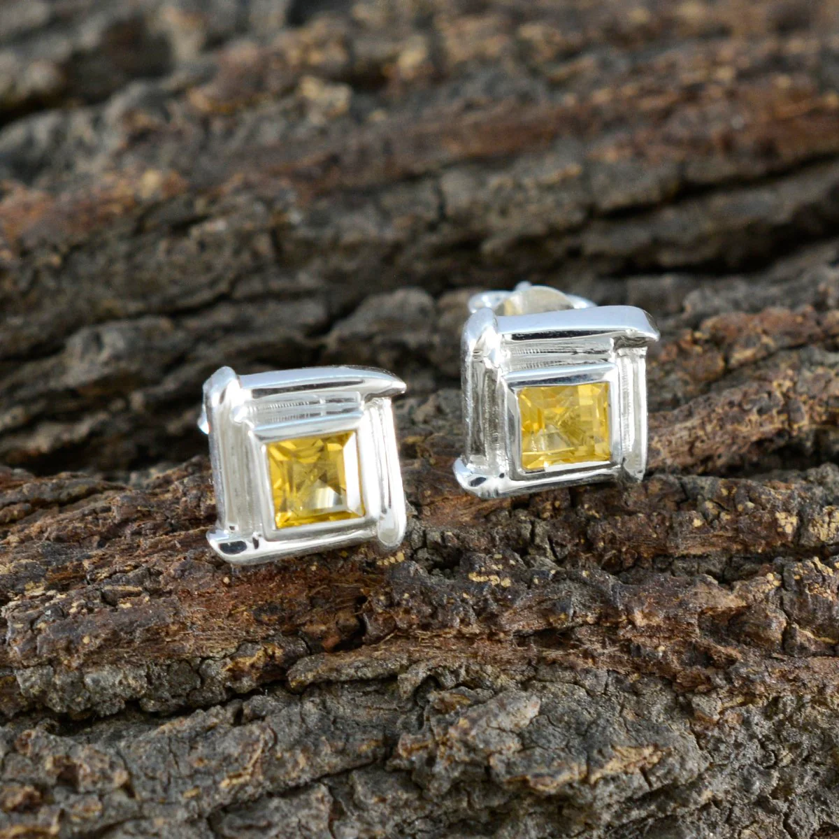 Citrine American Aiko Solitaire Stud Yellow 925 Silver Earring - Image 4