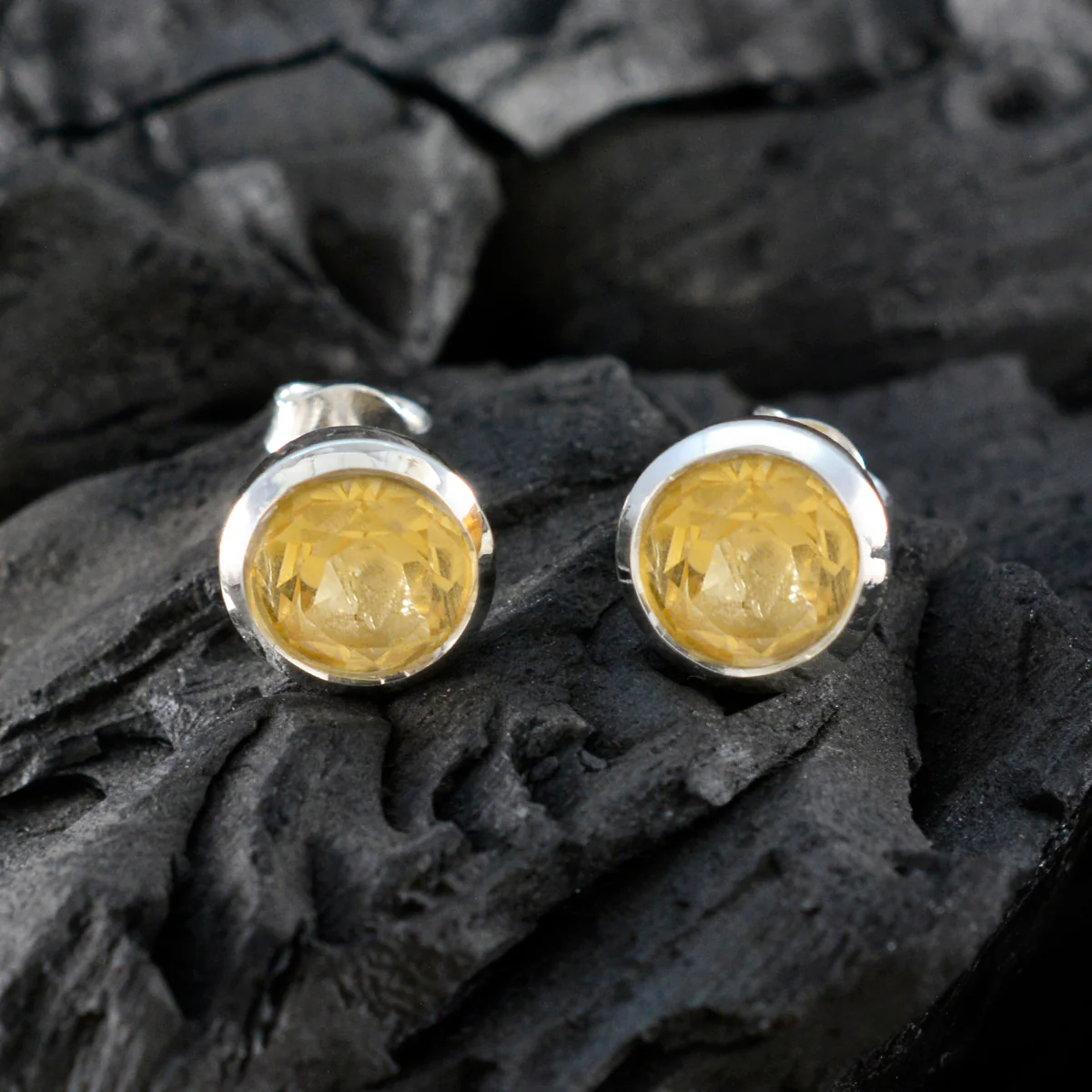 Citrine American Fernanda Solitaire Stud Yellow Silver Earring - Image 3