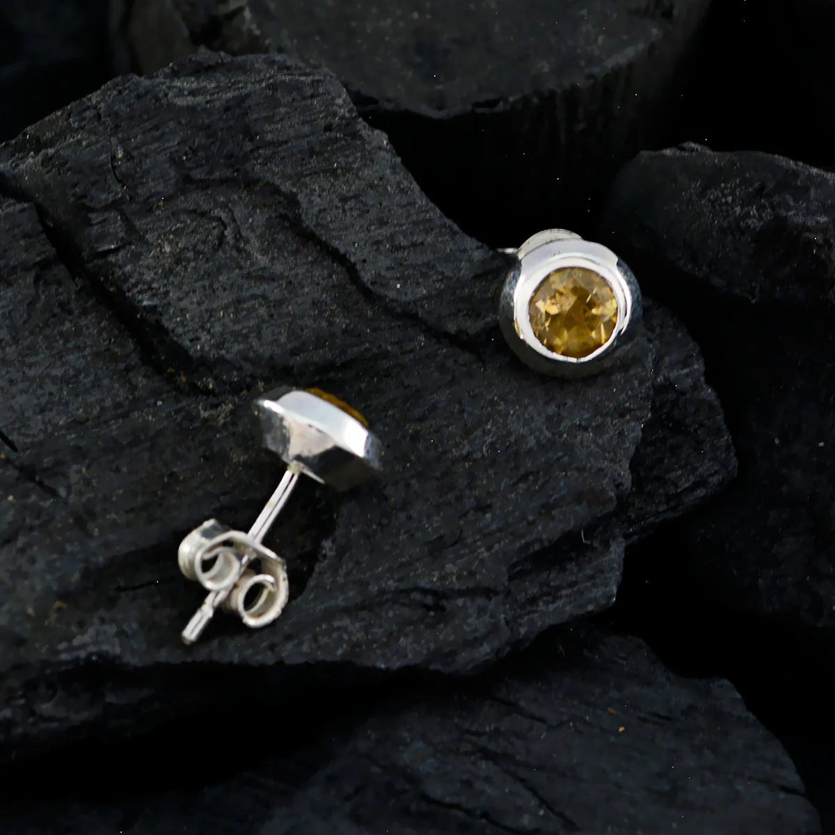 Citrine German Cecilia Solitaire Stud Yellow Silver Earring - Image 4