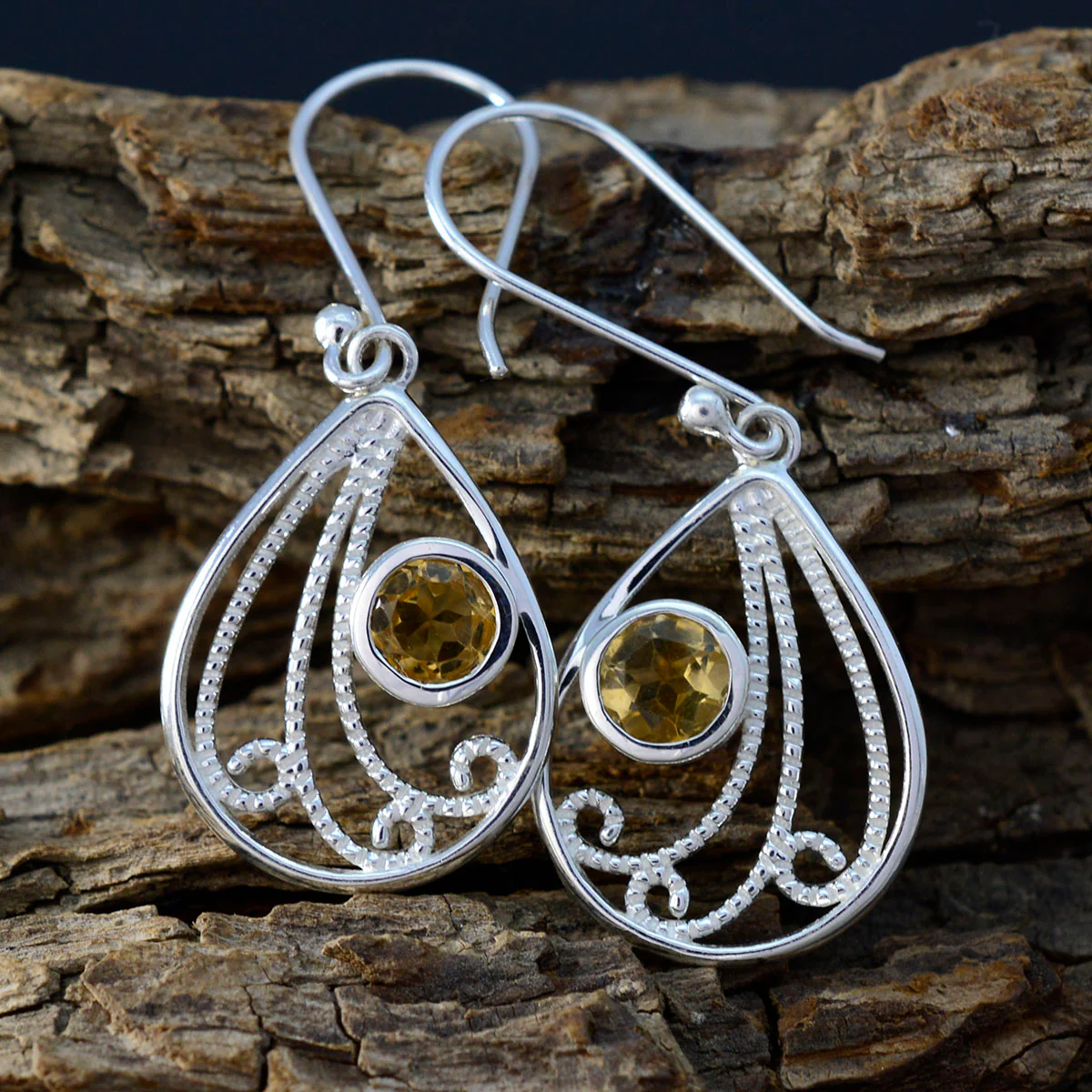 Citrine Middle Eastern Lea Solitaire Dangle Yellow Silver Earring - Image 3