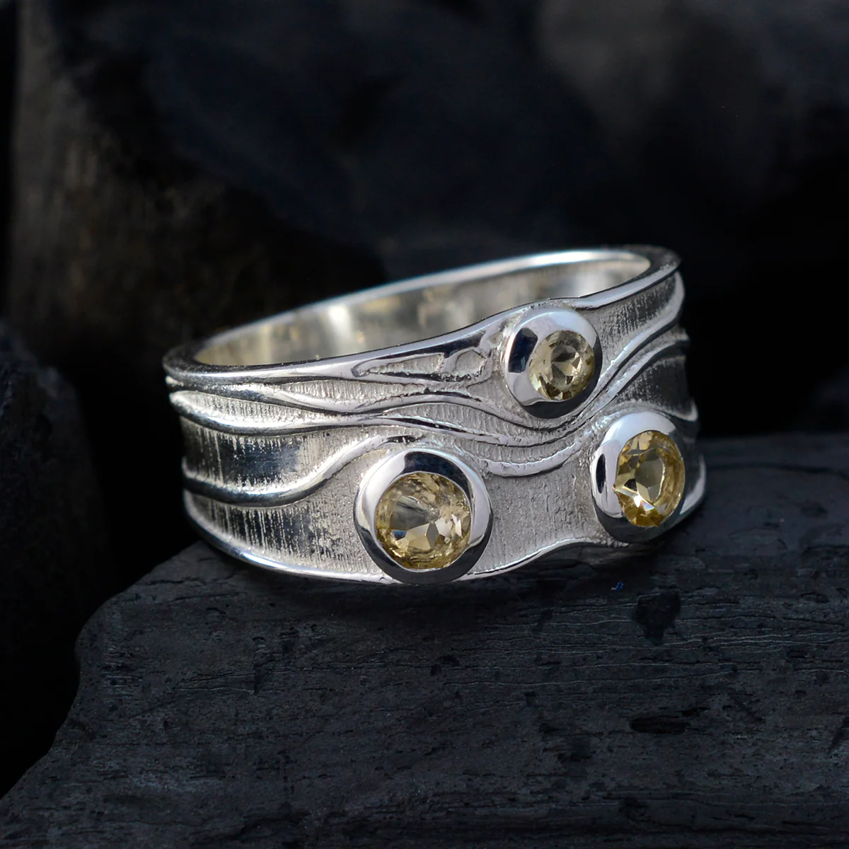 Citrine Trilogy French 92.5 Silver Yellow Gems Slim Boho Ring Jewellery - Image 4