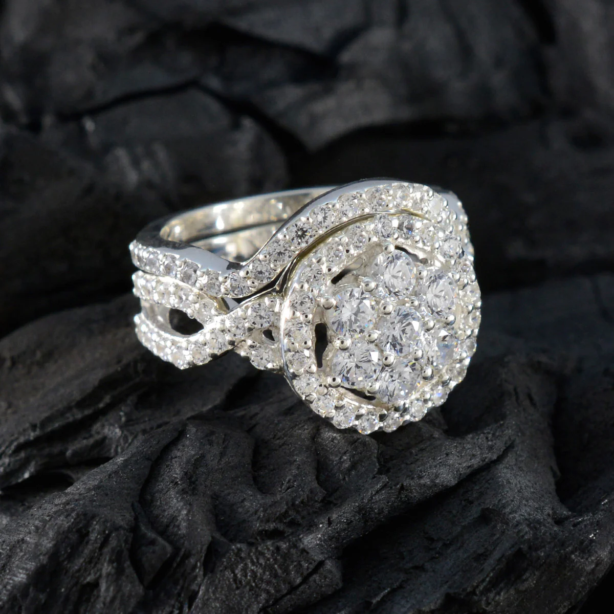 Cubic zirconia CZ Halo French Sterling Silver White Gems Classic Glamorous Ring Jewellery - Image 4