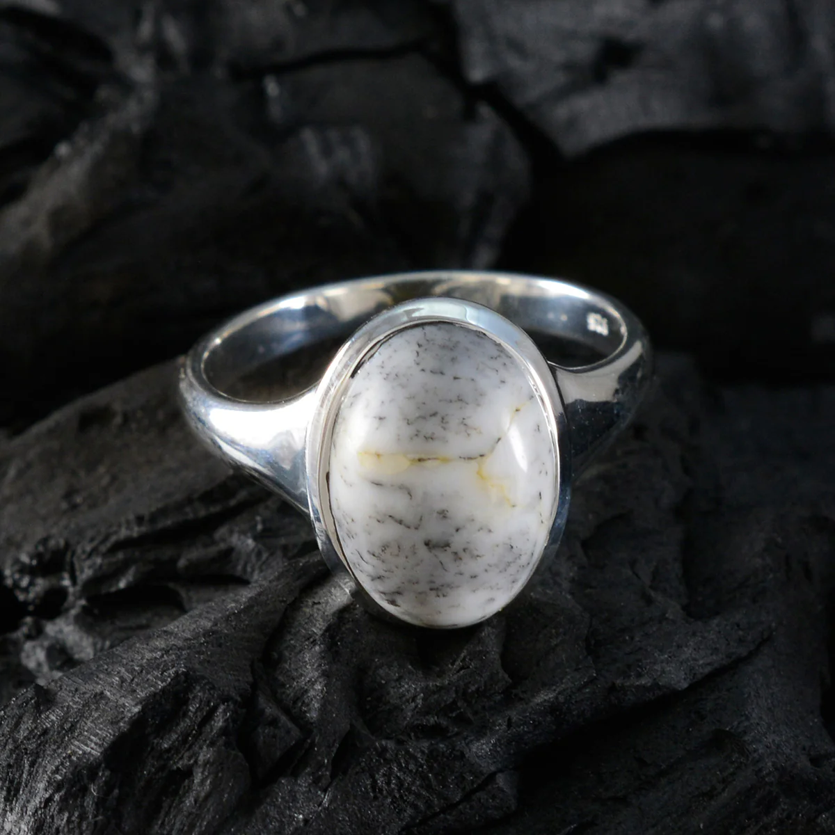 Dendrite Opal Solitaire German 92.5 Silver White Gems Minimal Artisan Ring Jewelry - Image 4