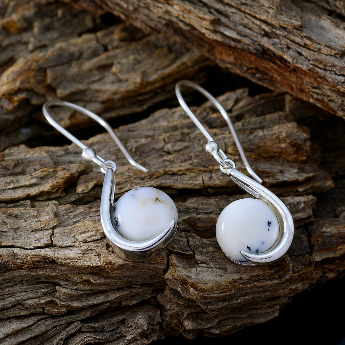 Dendrite Opal Spanish Mei Solitaire Dangle White 92.5 Silver Earring - Image 3