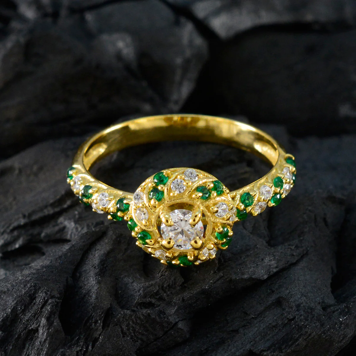 Emerald CZ Halo Indian 92.5 Silver Green Gems Delicate Contemporary Ring Jewelry - Image 4