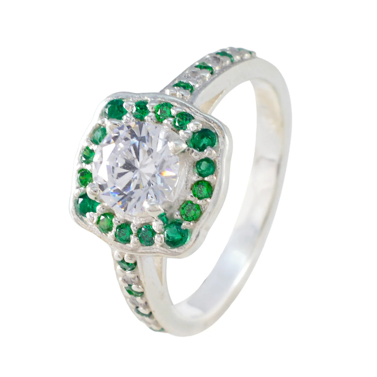 Emerald CZ Halo Indian 92.5 Silver Green Gemstones Classic Glamorous Ring Jewelry - Image 2