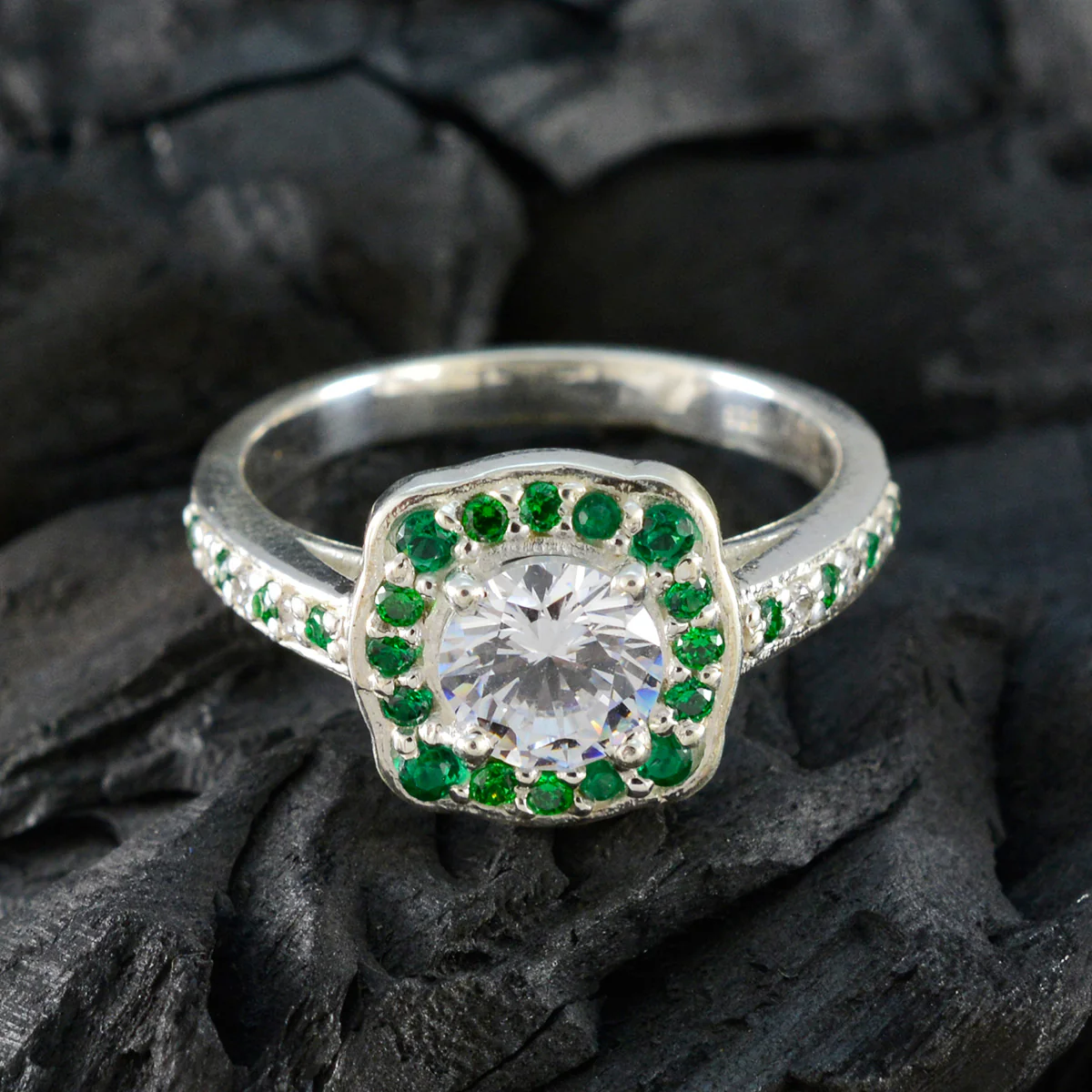 Emerald CZ Halo Indian 92.5 Silver Green Gemstones Classic Glamorous Ring Jewelry - Image 4