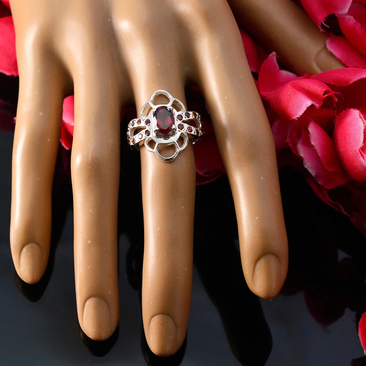Garnet Halo Indian 92.5 Silver Red Gemstones Mid-weight Trendy Ring Jewellery - Image 5
