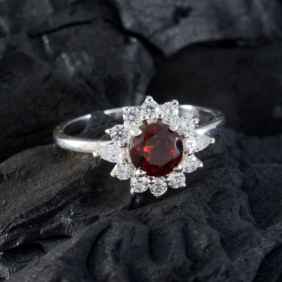 Garnet Halo Turkish Silver Red Gemstones Delicate Modern Ring Jewelry - Image 4