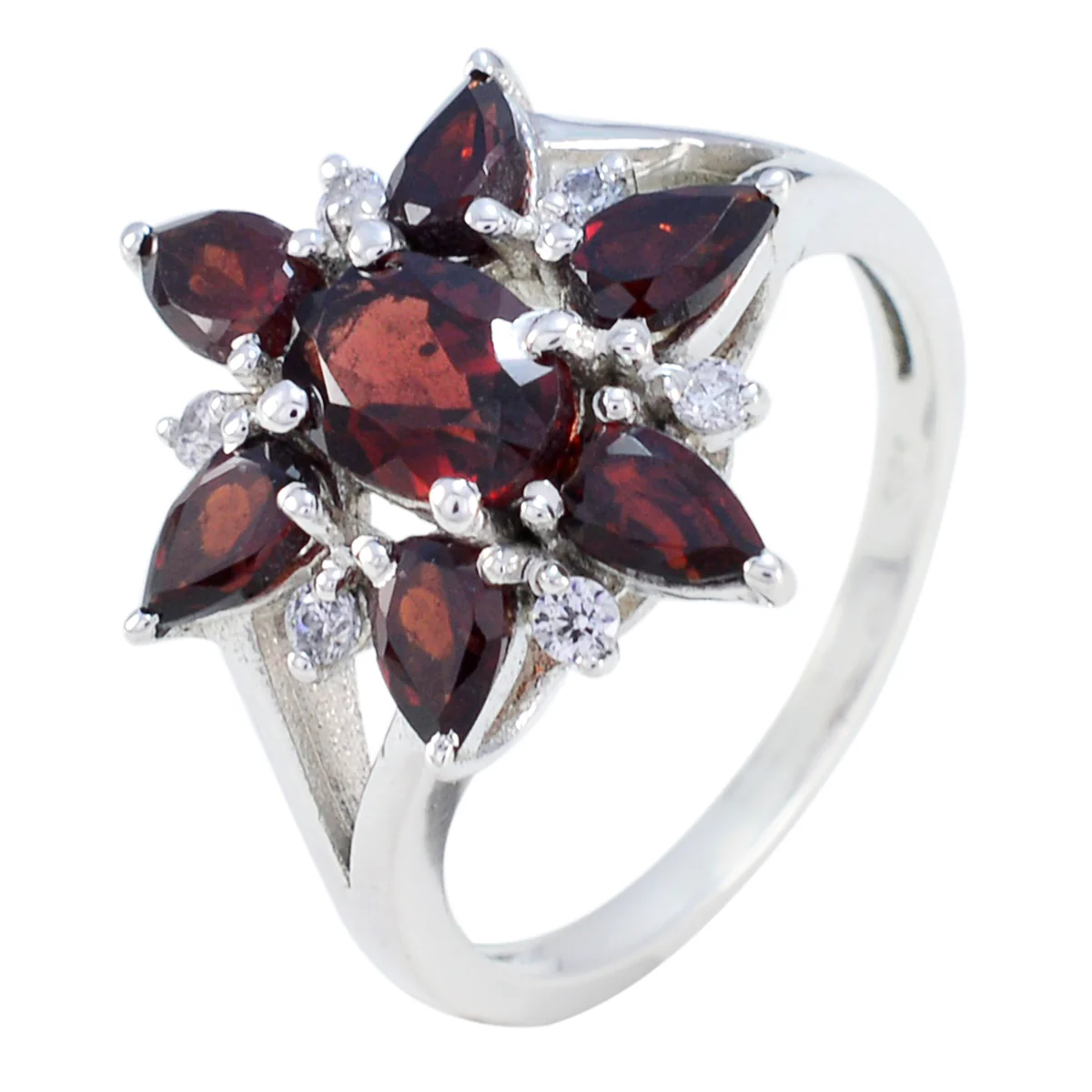Garnet Hepta African Silver Red Gemstone Featherlight Floral Ring Jewelry - Image 2