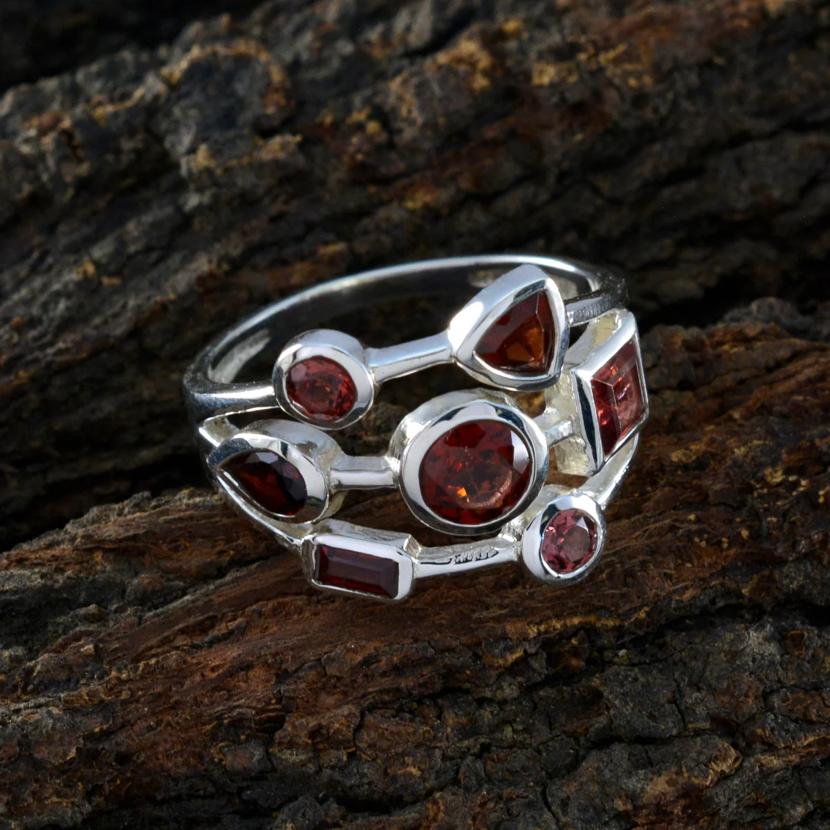 Garnet Hepta French 925 Silver Red Gems Featherlight Sophisticated Ring Jewellery - Image 3