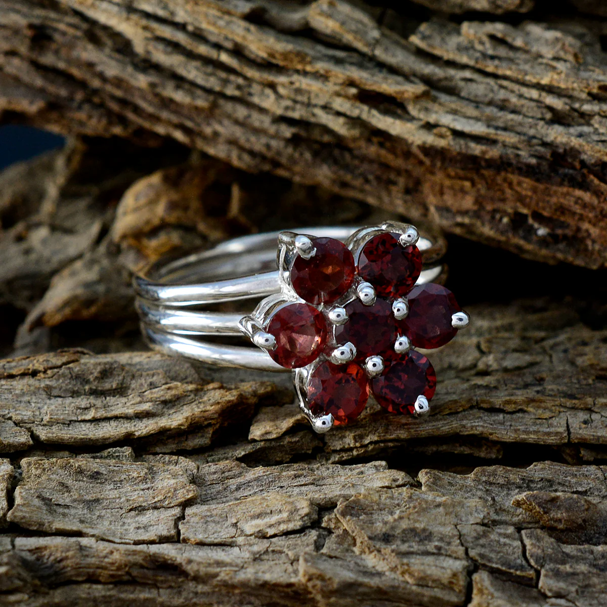 Garnet Hepta French Silver Red Gemstones Minimal Floral Ring Jewelry - Image 3