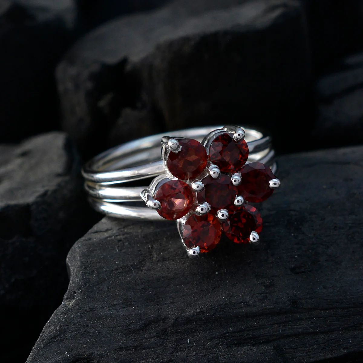 Garnet Hepta French Silver Red Gemstones Minimal Floral Ring Jewelry - Image 4