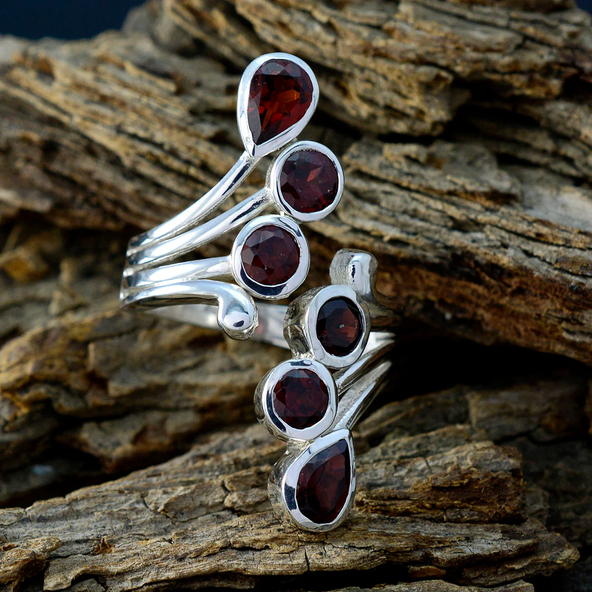 Garnet Hexa French 925 Sterling Silver Red Gemstone Versatile Trendy Ring Jewelry - Image 3