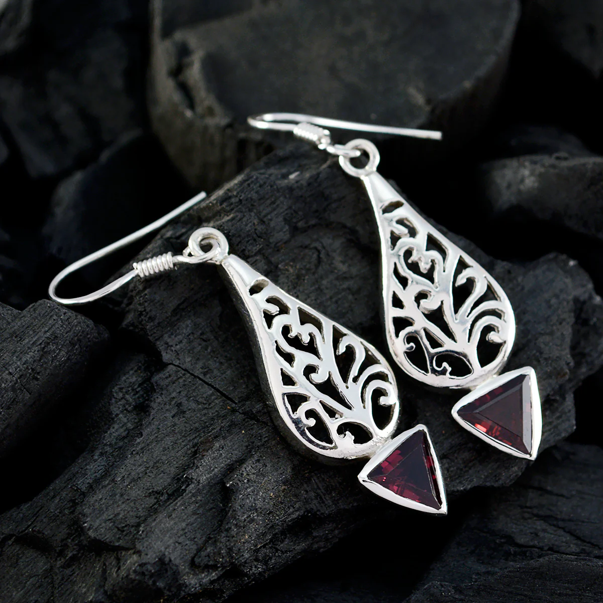 Garnet Italian Lucia Solitaire Dangle Red 925 Silver Earring - Image 2