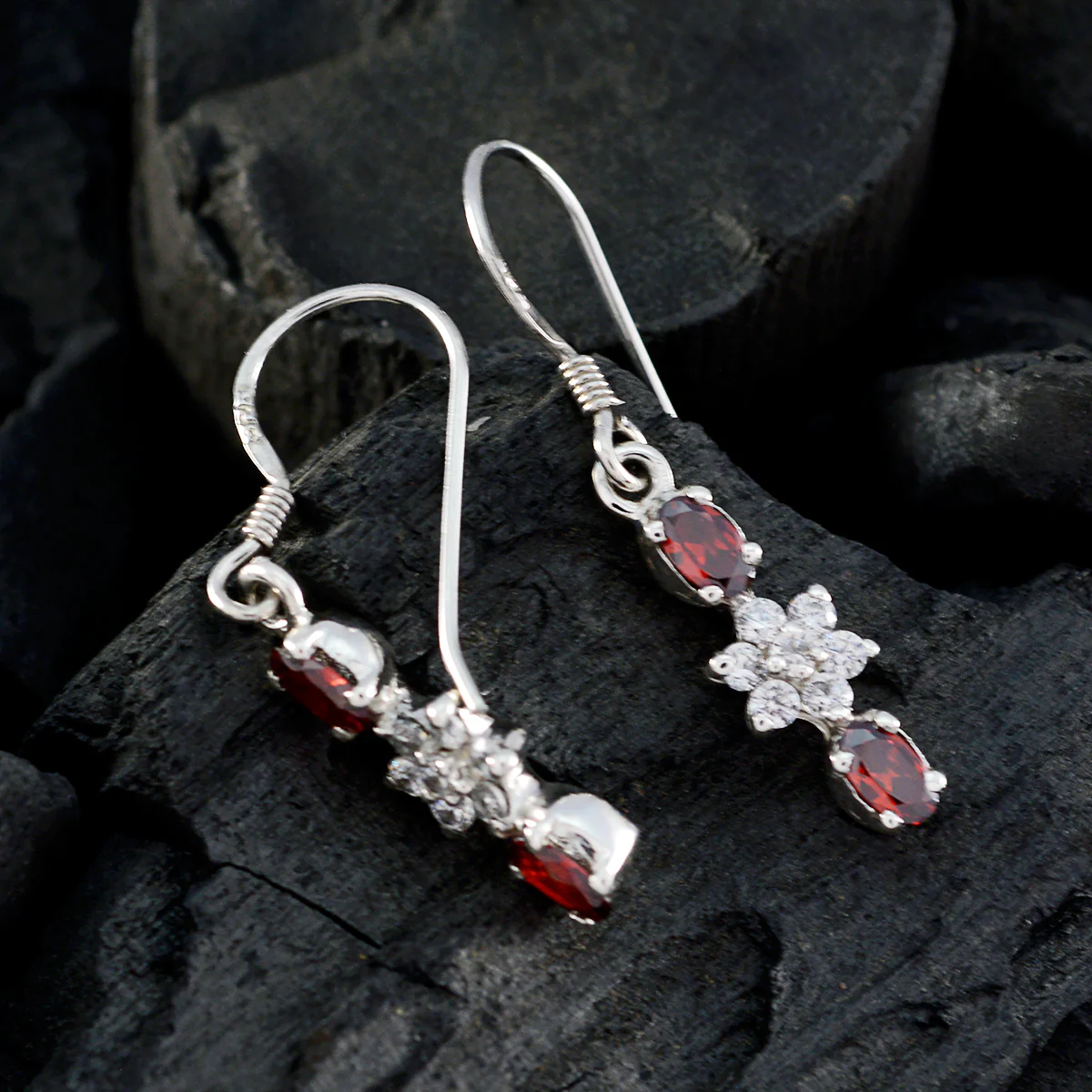 Garnet Middle Eastern Andrea multiple Dangle Red Silver Earring - Image 2