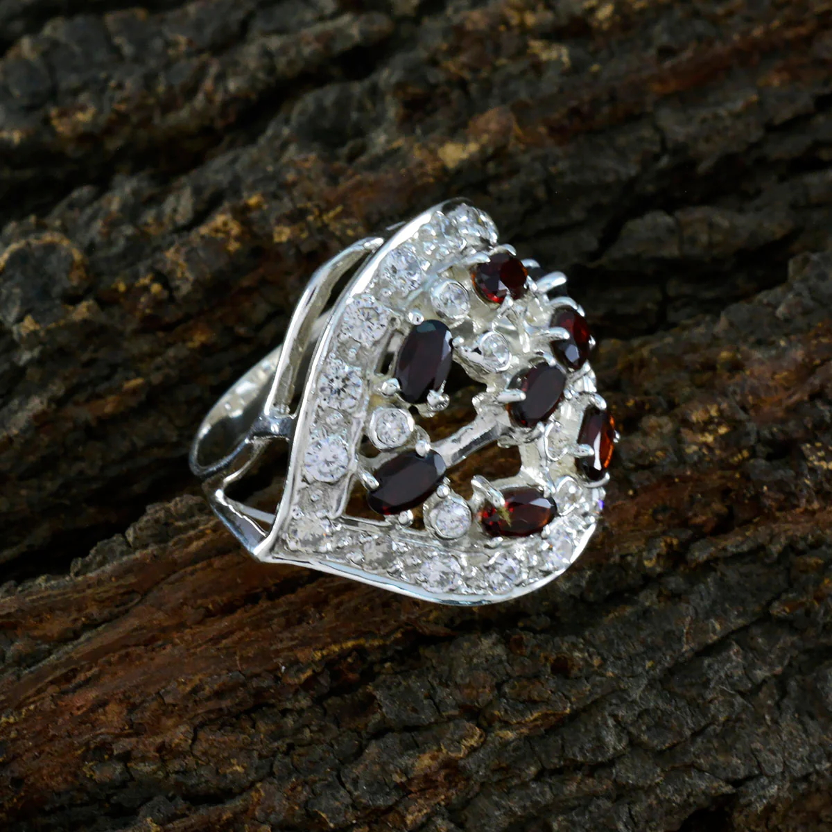 Garnet multiple African Silver Red Gemstone Versatile Abstract Ring Jewelry - Image 3