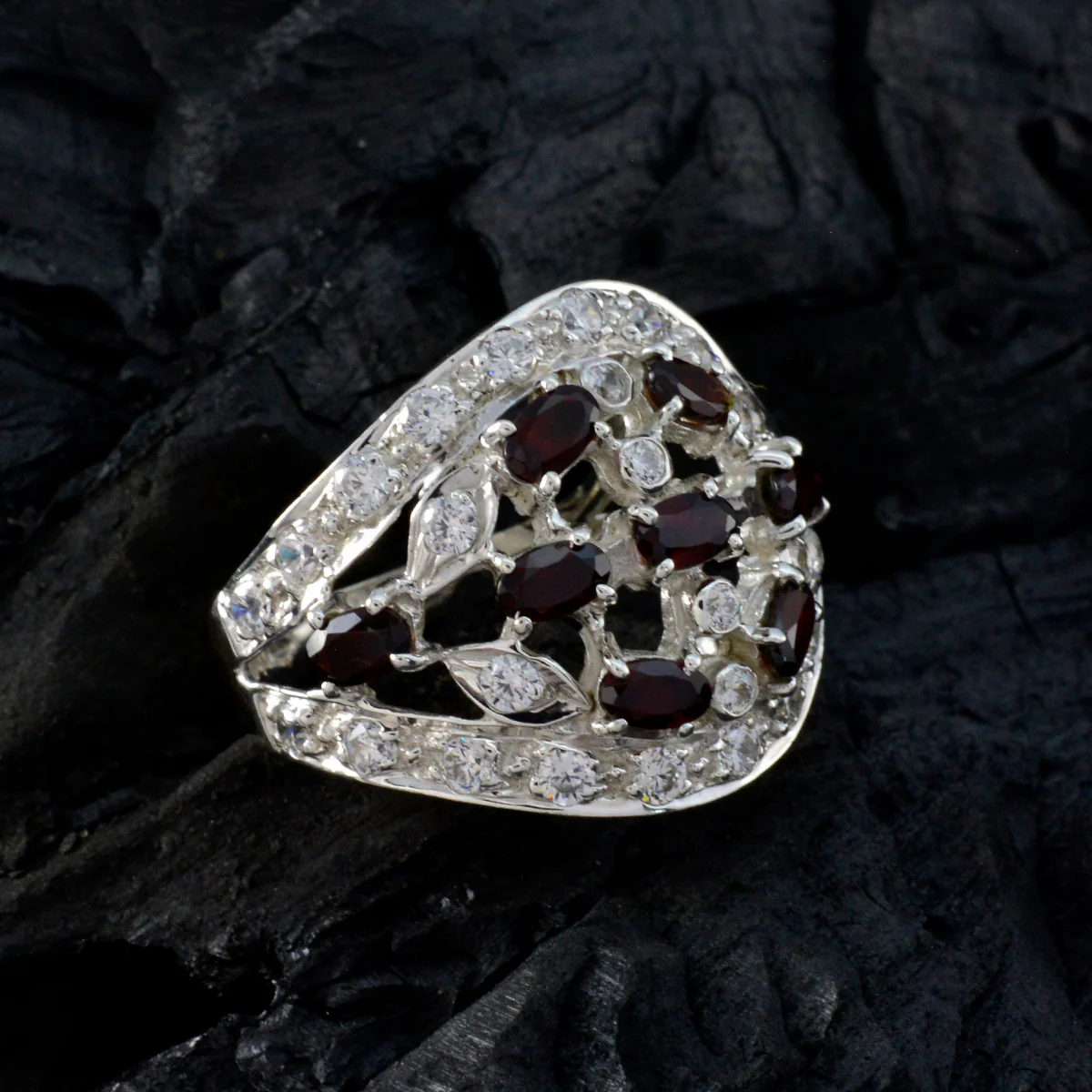 Garnet multiple African Silver Red Gemstone Versatile Abstract Ring Jewelry - Image 4