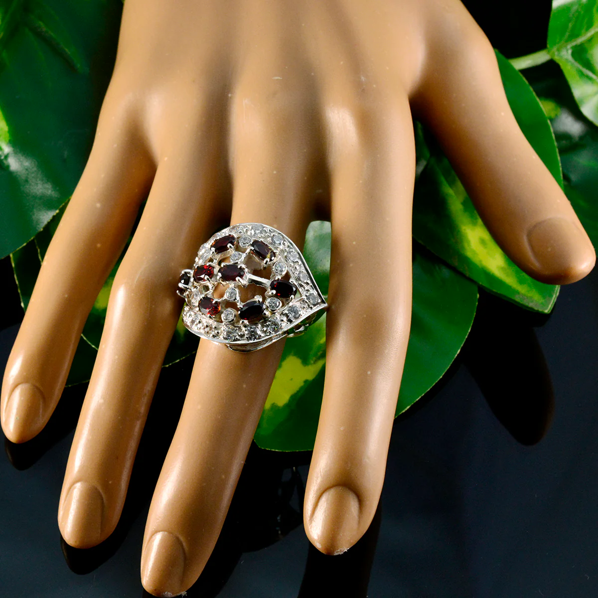Garnet multiple African Silver Red Gemstone Versatile Abstract Ring Jewelry - Image 5