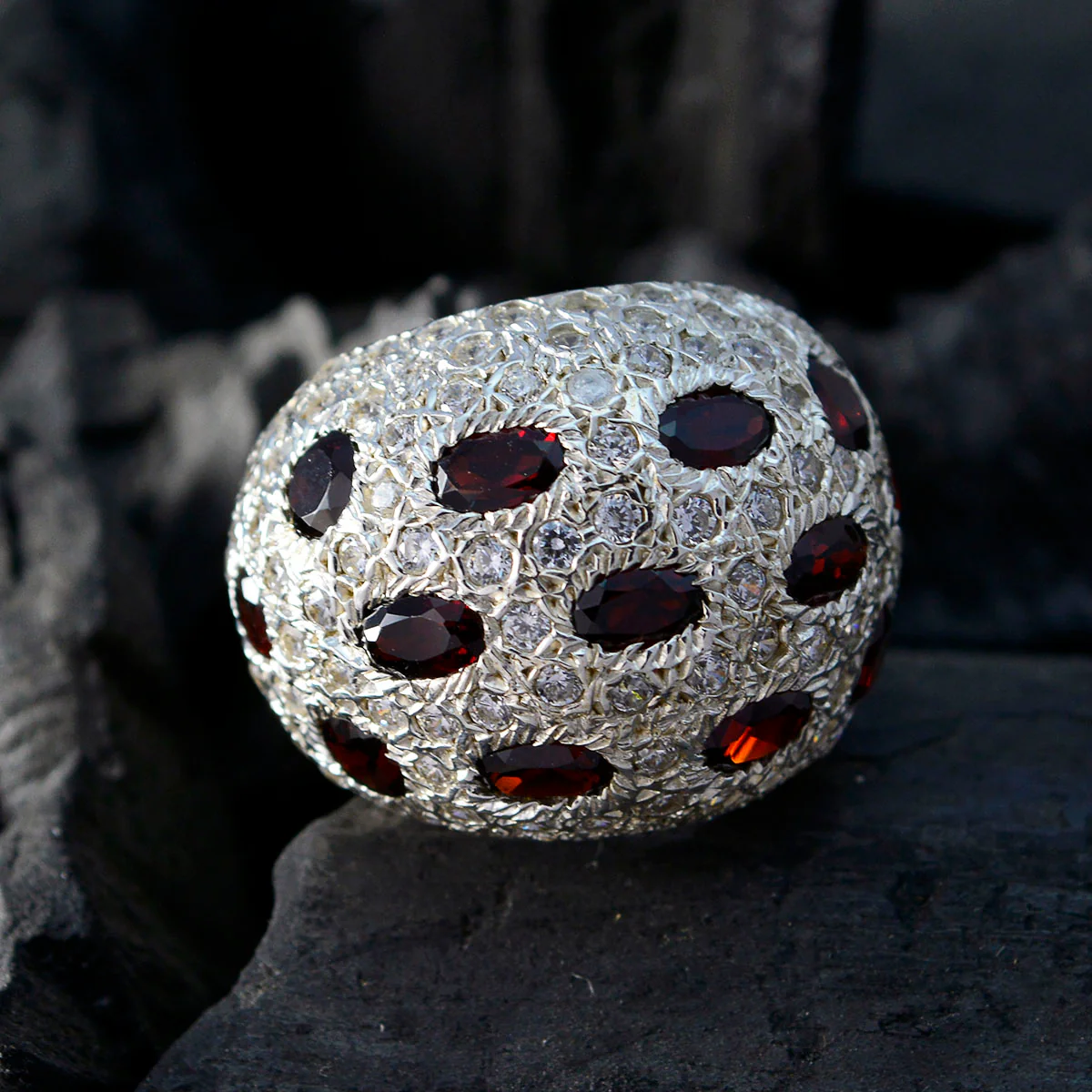 Garnet multiple French Silver Red Gemstones Edgy Modern Ring Jewelry - Image 4