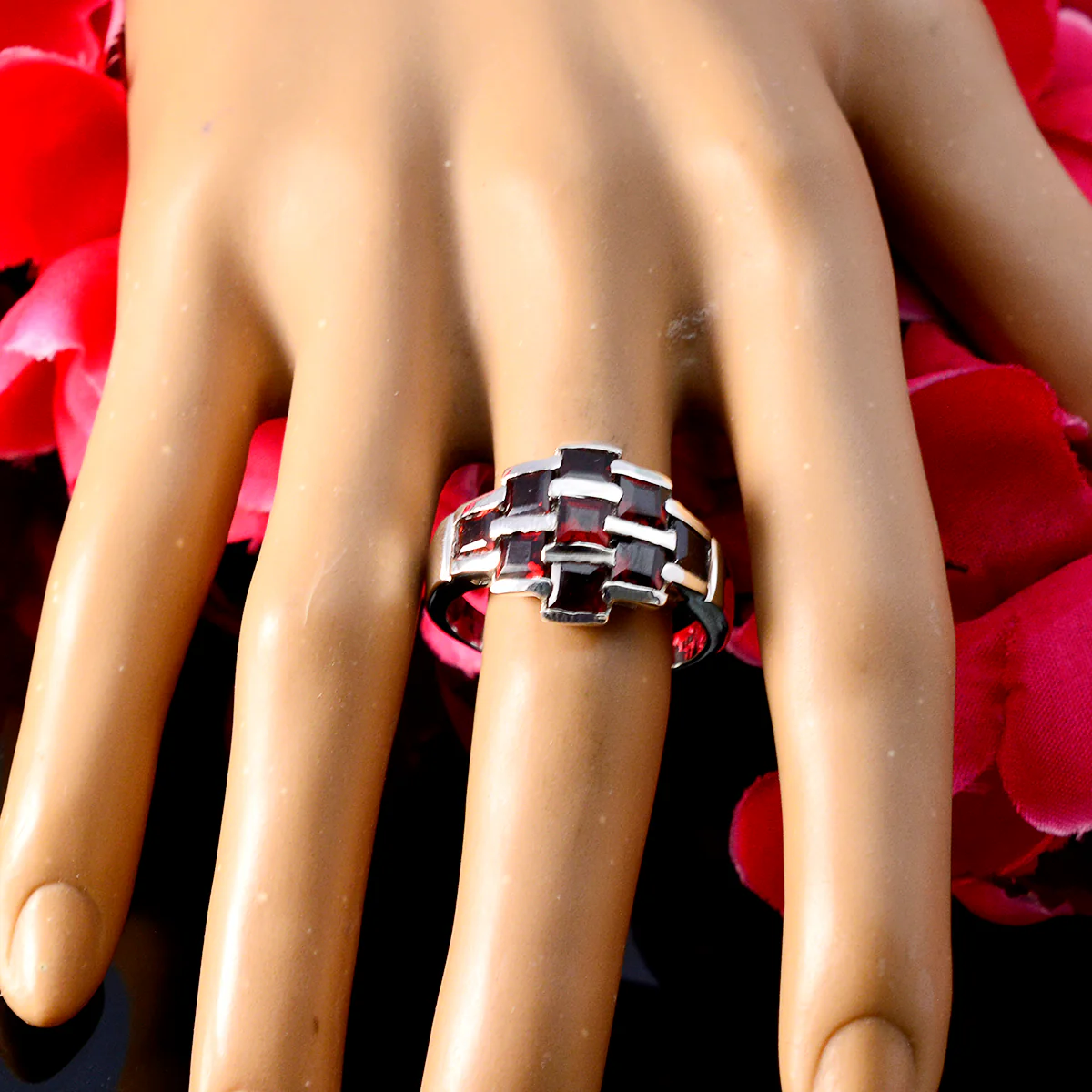 Garnet Navratna Egyptian 925 Sterling Silver Red Gems Mid-weight Glamorous Ring Jewelry - Image 3