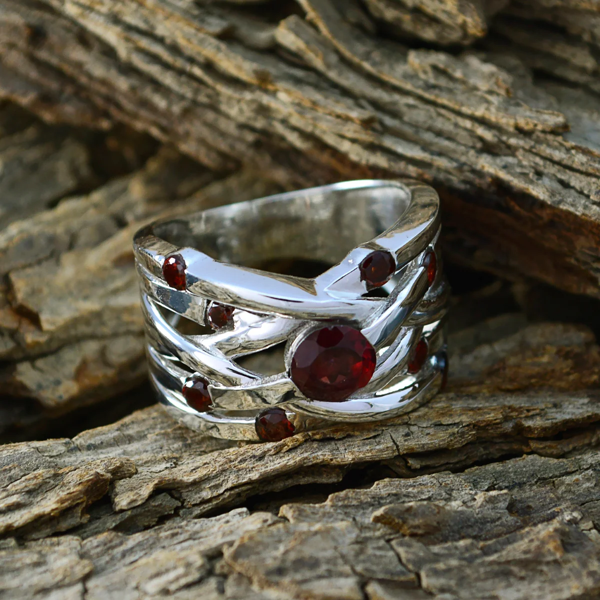 Garnet Navratna Egyptian Silver Red Gems Eye-catching Trendy Ring Jewellery - Image 3