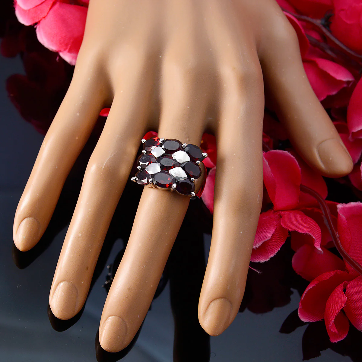 Garnet Navratna German 925 Sterling Silver Red Gemstones Statement Heritage Ring Jewelry - Image 5