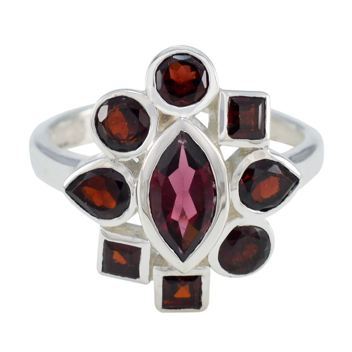 Garnet navratna Indian Silver Red Gemstone Eye-catching Modern Ring Jewelry