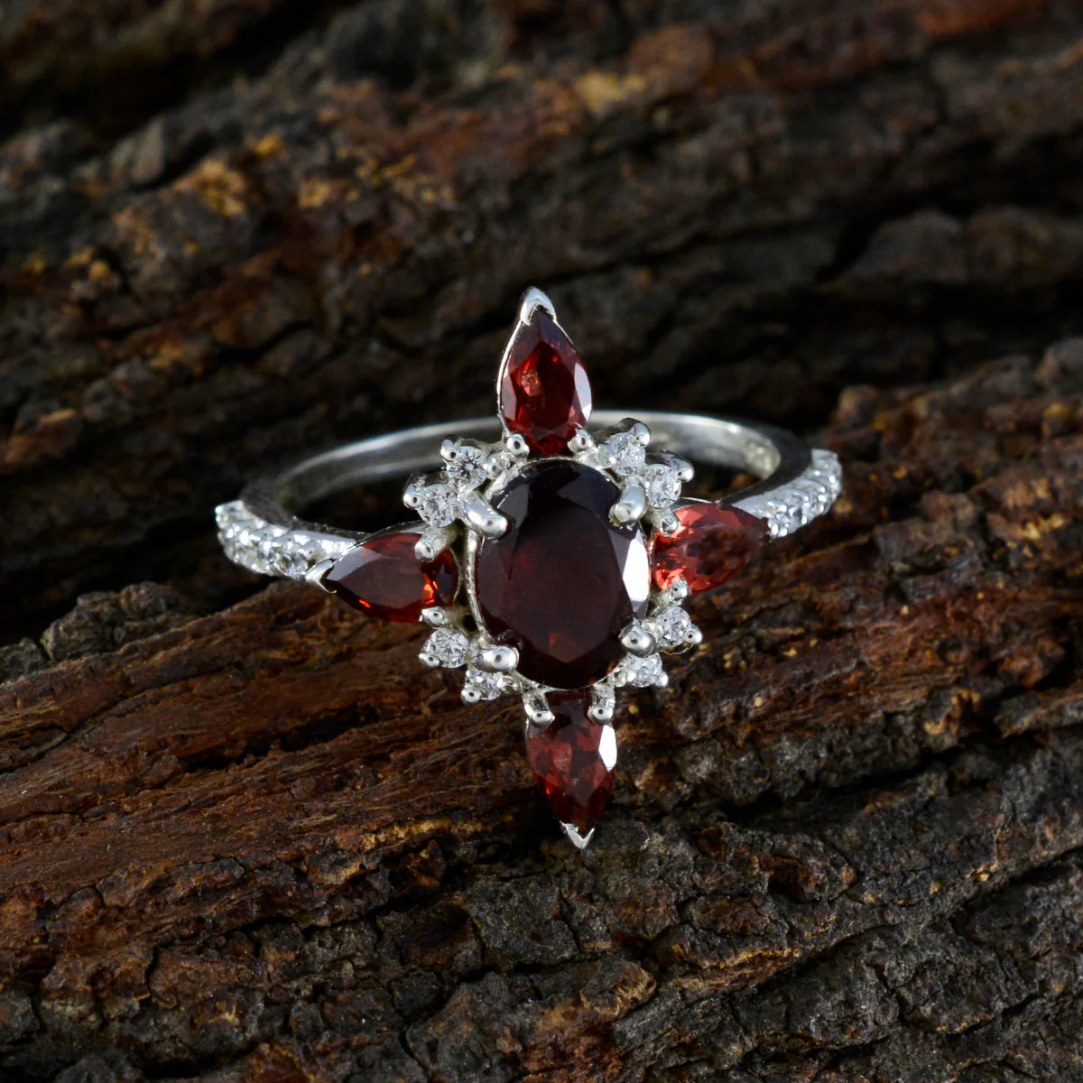 Garnet Penta Egyptian 925 Silver Red Gemstones Featherlight Fairytale Ring Jewelry - Image 3