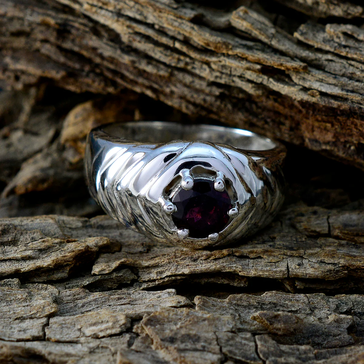 Garnet Solitaire German Silver Red Gemstone Minimal Abstract Ring Jewelry - Image 3