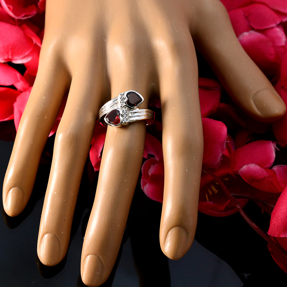 Garnet Toi et Moi Egyptian Silver Red Gems Minimal Abstract Ring Jewellery - Image 6