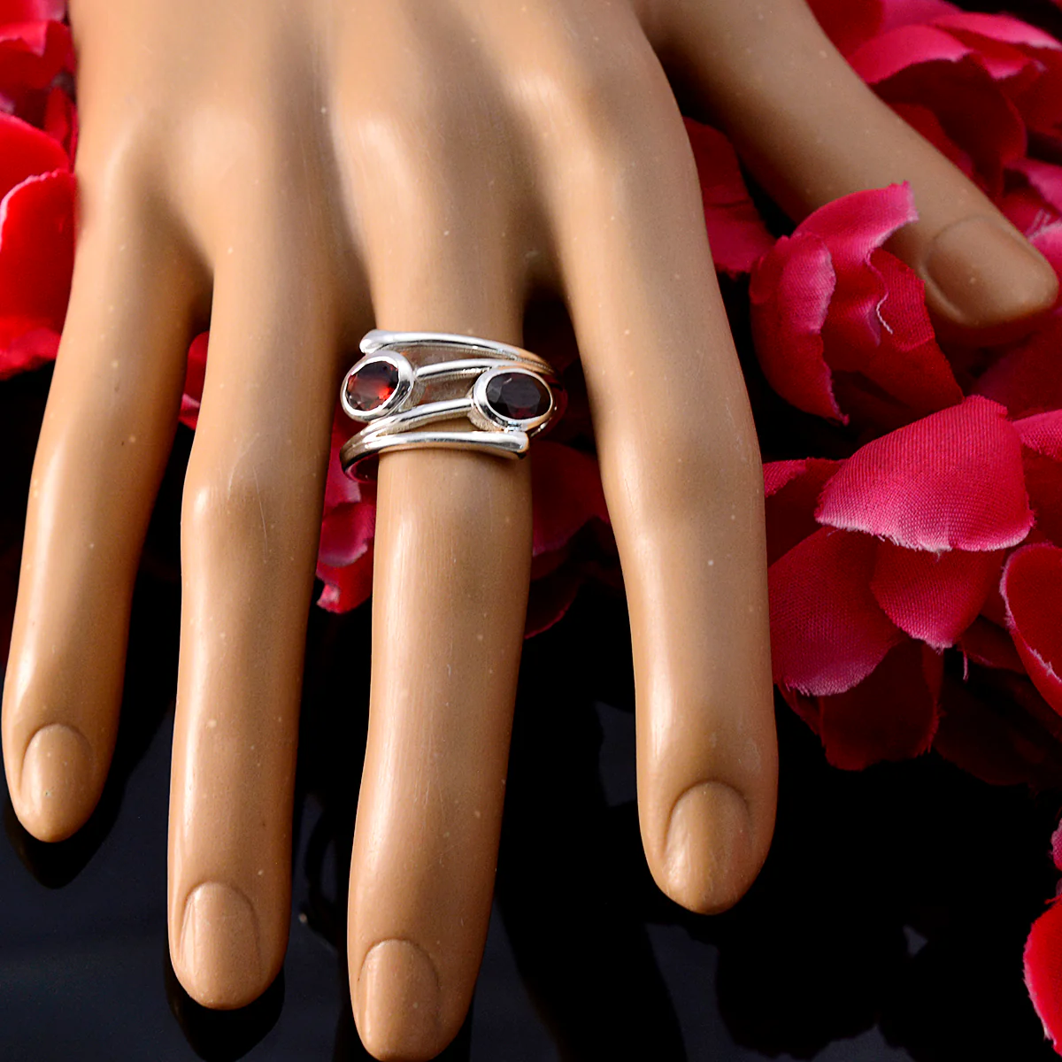 Garnet Toi et Moi Indian Silver Red Gemstones Slim Artisan Ring Jewellery - Image 5